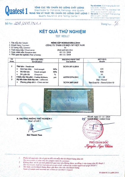 Kết quả thử nghiệm máng - Thang Máng Cáp NP - Công Ty TNHH Cơ Điện NP Việt Nam